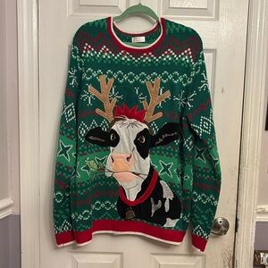 Men’s XL Ugly Christmas Sweater Cow With Real Bell.